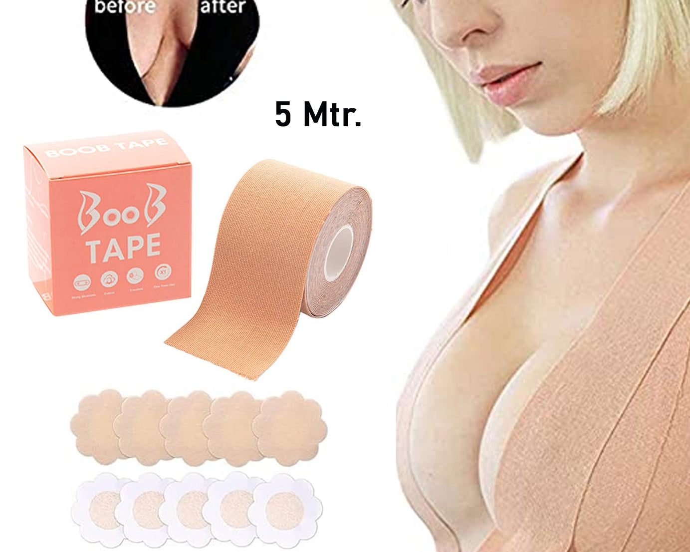 Boob Tape with Nipple Covers: Cotton, Breathable, Lift & Support (5m, 10 Pairs)