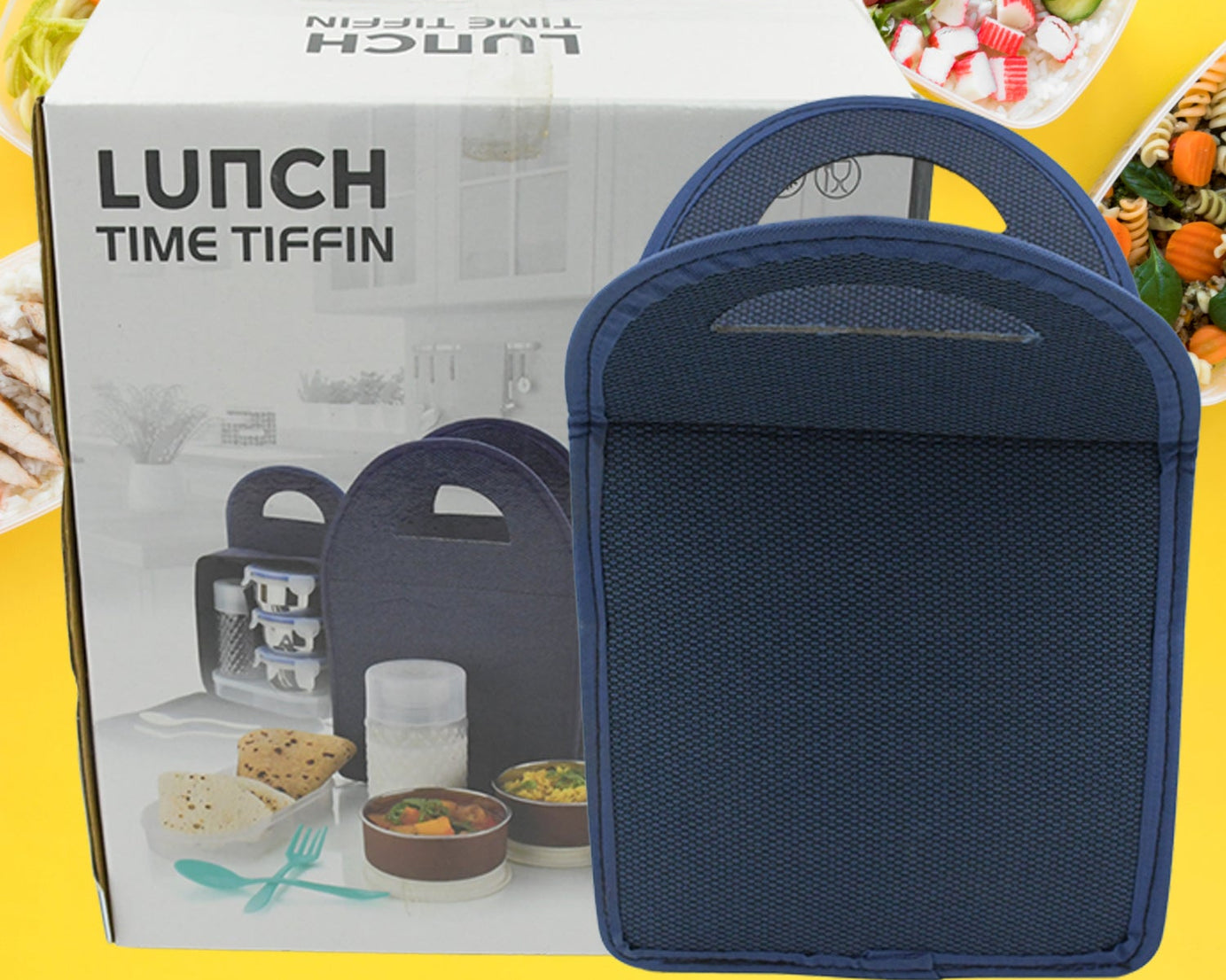 6In1 Tiffin Box-Lunch Box | 3 Stainless Steel Containers | Plastic lid Box | Spoon & Fork /Plastic Bottle | Insulated Fabric Bag | Leak Proof | Microwave Safe  for Office, College and School for Men, Women (6 pcs)