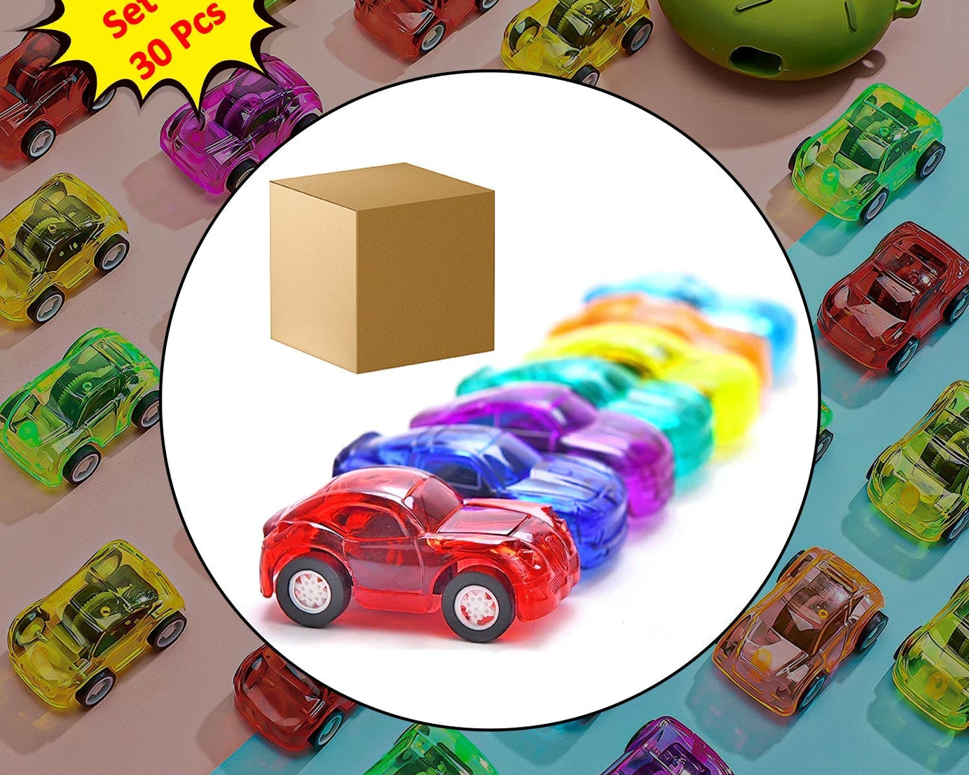 Colorful pull back car toy for children.