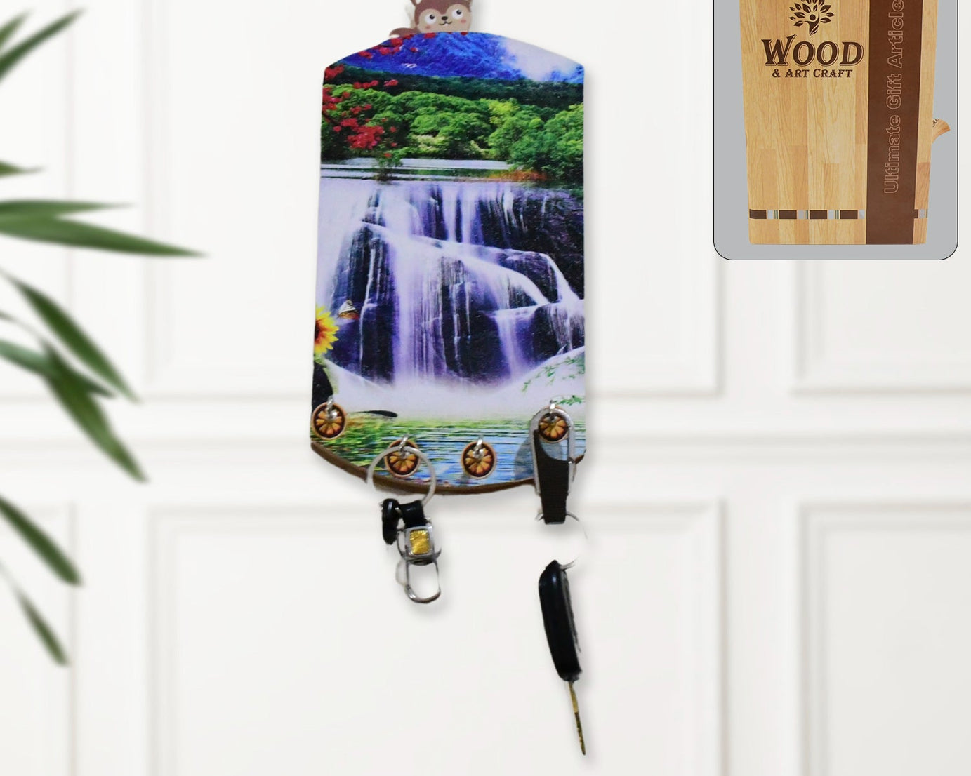 Wooden vertical scenery art with hooks for wall hanging.