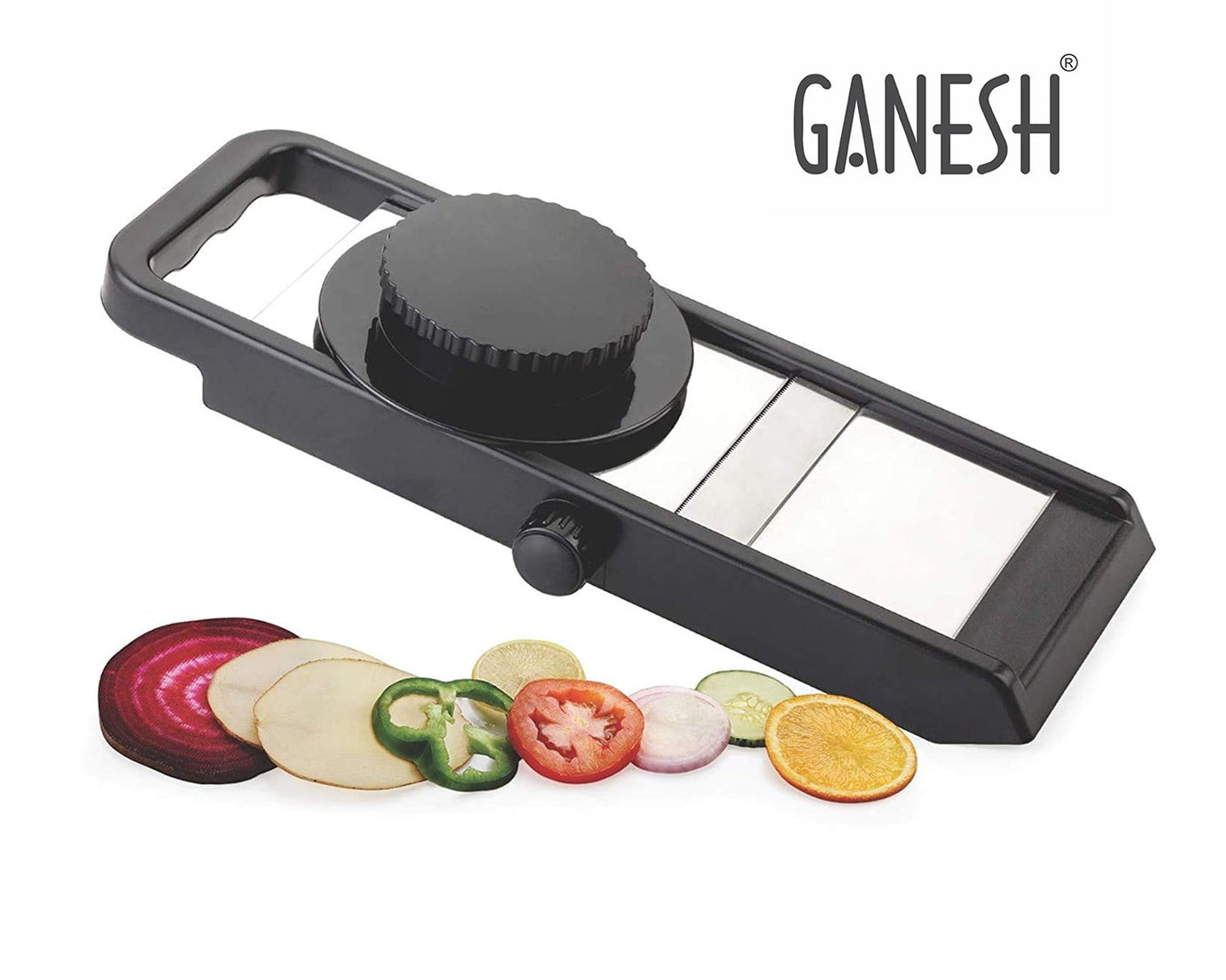Black and silver adjustable plastic slicer, Ganesh brand, 1 piece.