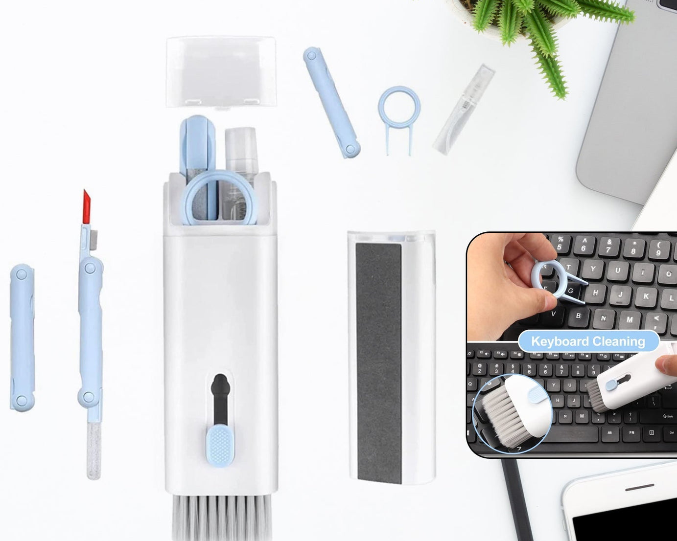 7 in 1 Electronic Cleaner kit, Cleaning Kit for Monitor Keyboard Airpods, Screen Dust Brush Including Soft Sweep, Swipe, Airpod Cleaner Pen, Key Puller and Spray Bottle   02