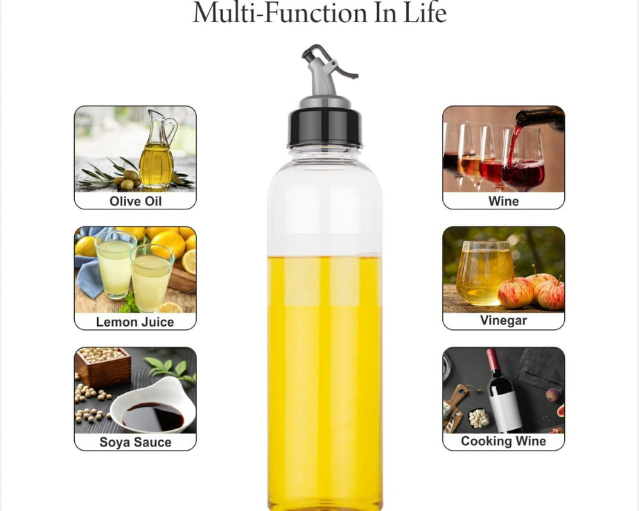 Clear plastic oil bottle, 1 liter, for convenient oil dispensing.