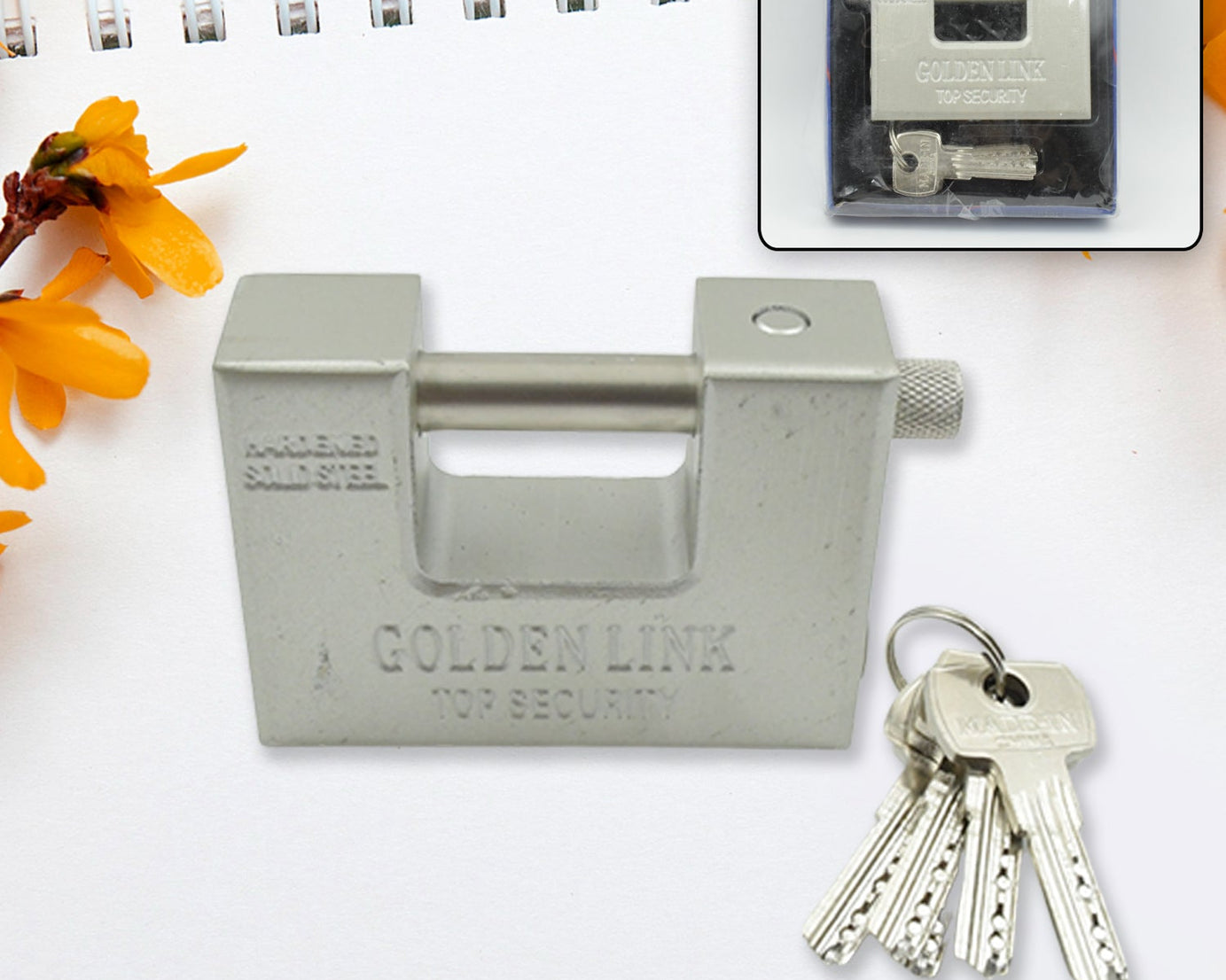 9323 Stainless Steel Padlock | Rectangular Shape | Hardened Steel | High Resistance With 5 Keys, Door Lock for Home Dormitory, Waterproof Antirust Anti-theft Padlocks Outdoor Gate Shed Locks Warehouse Big Door Drawer Lock (94 MM)