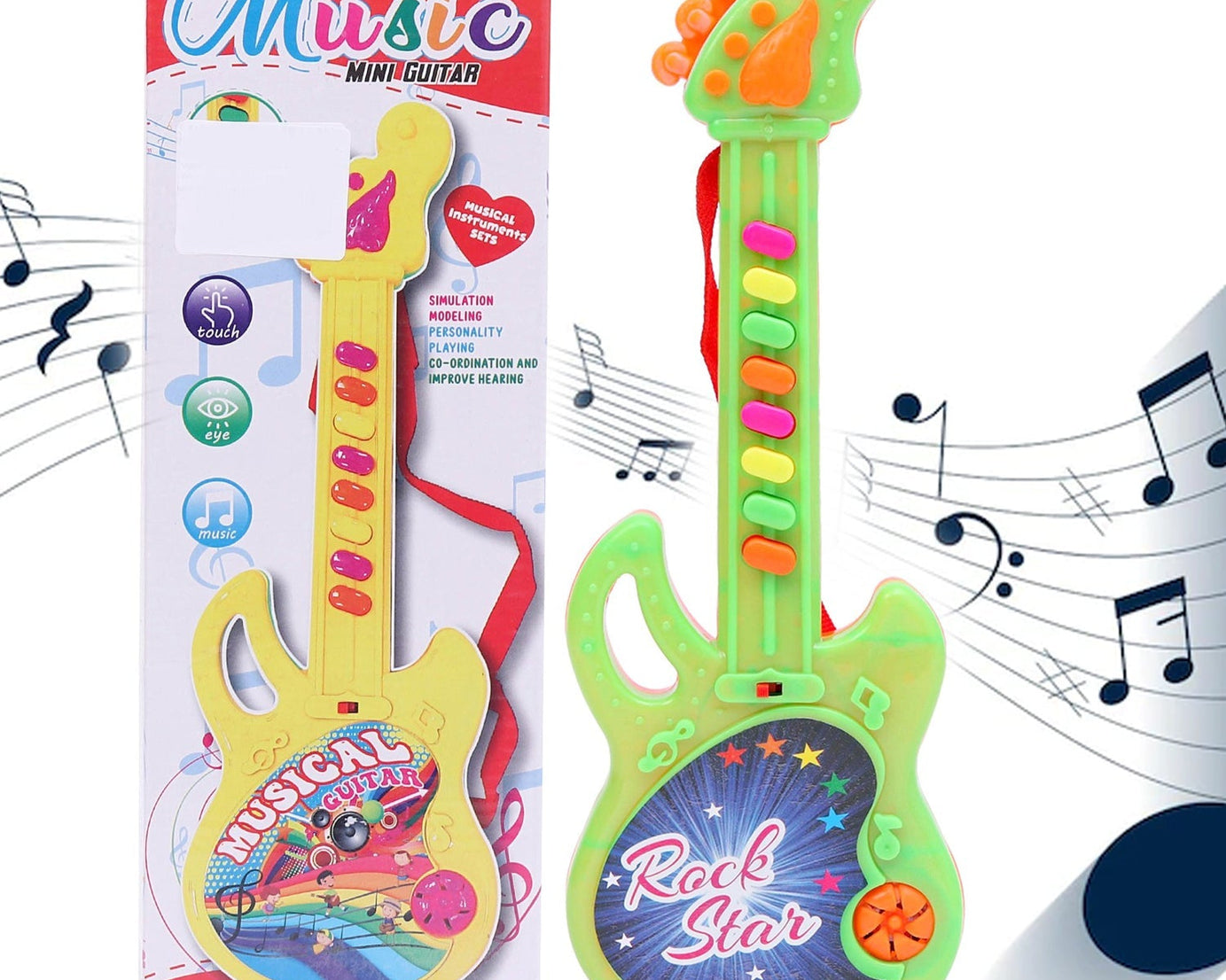 Mini guitar with bright colors, features delightful music