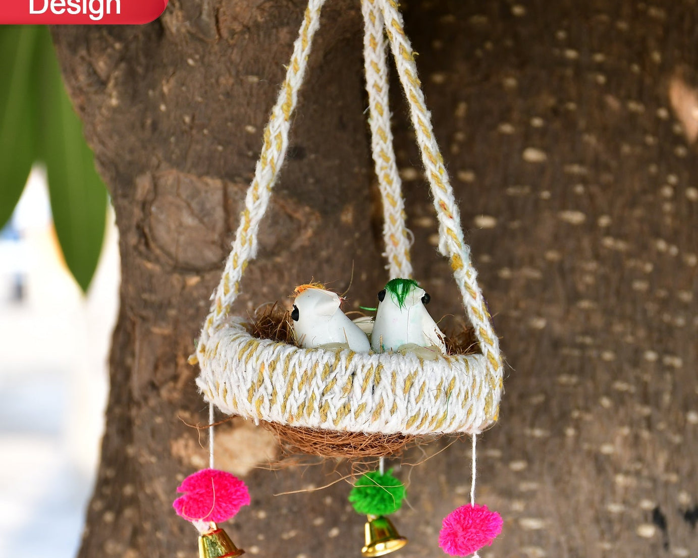 Close-up of jute hanging birds nest with detailed design