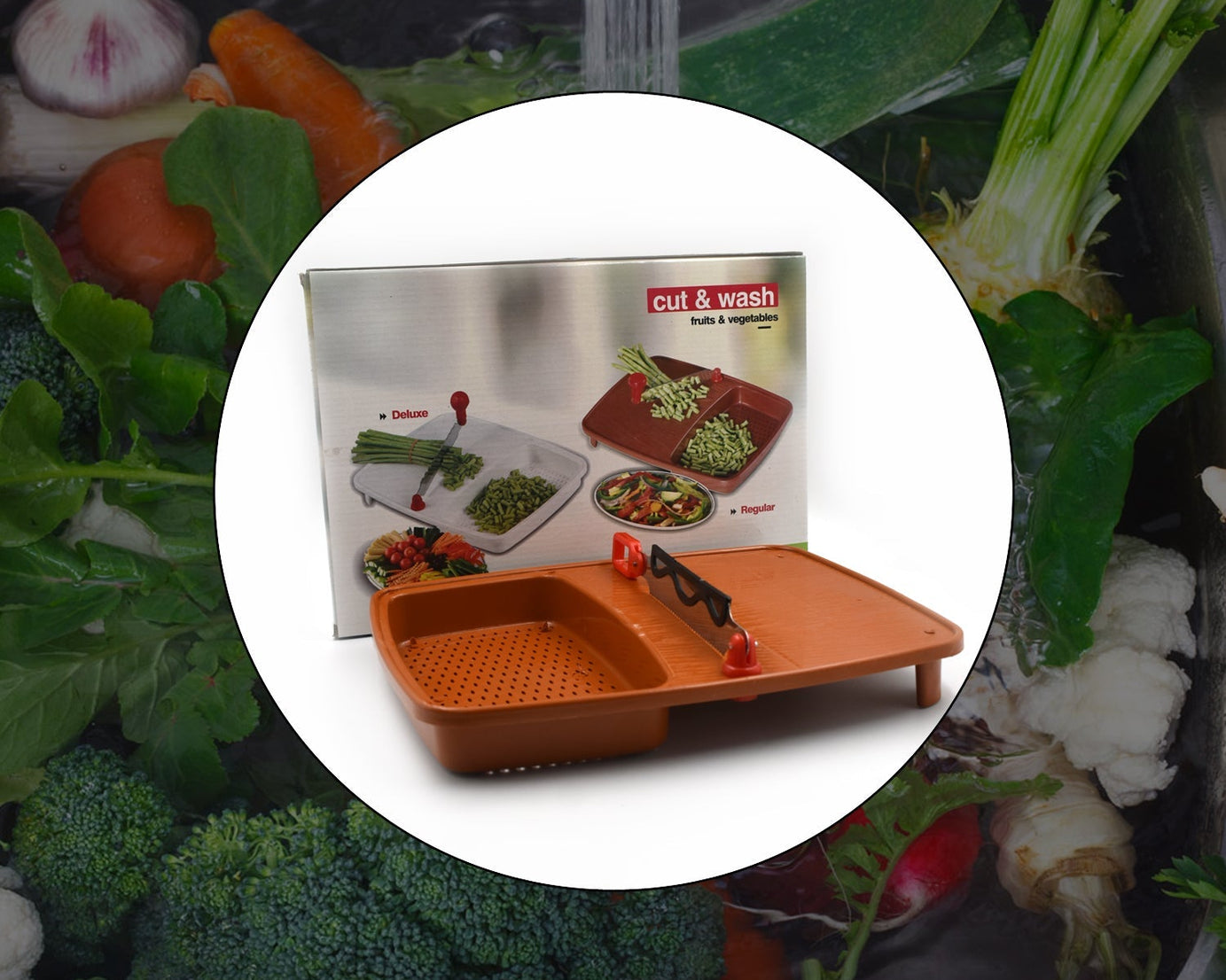 Kitchen cut and wash box with tray, ideal for fruit and vegetable preparation.