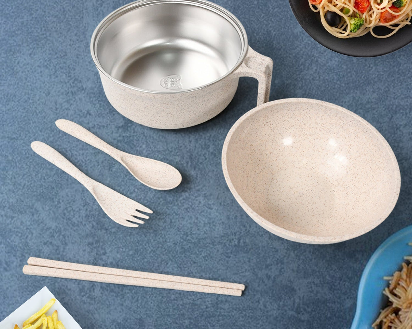 Rice Bowl Noodle 1 Bowl with 1 Lid and Handle Wheat Straw Noodle Bowls with Wheat Straw 1 Fork, 2 Chopsticks, 1 Spoon for Soup Salad Cooker Snack Set (6 Pcs Set)