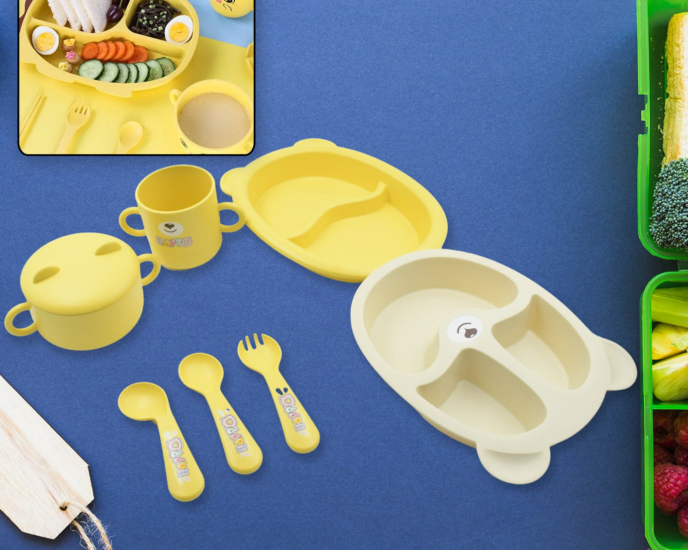 Baby Feeding Set for Kids and Toddlers,Children Children Dinnerware Set - Bamboo Fibre Feeding Set for Kids, Cartoon Design Plate, Cup, Spoon, Fork and Chopsticks, Tableware Cutlery for Kids Microwave & Dishwasher Safe (7 Pcs Set)