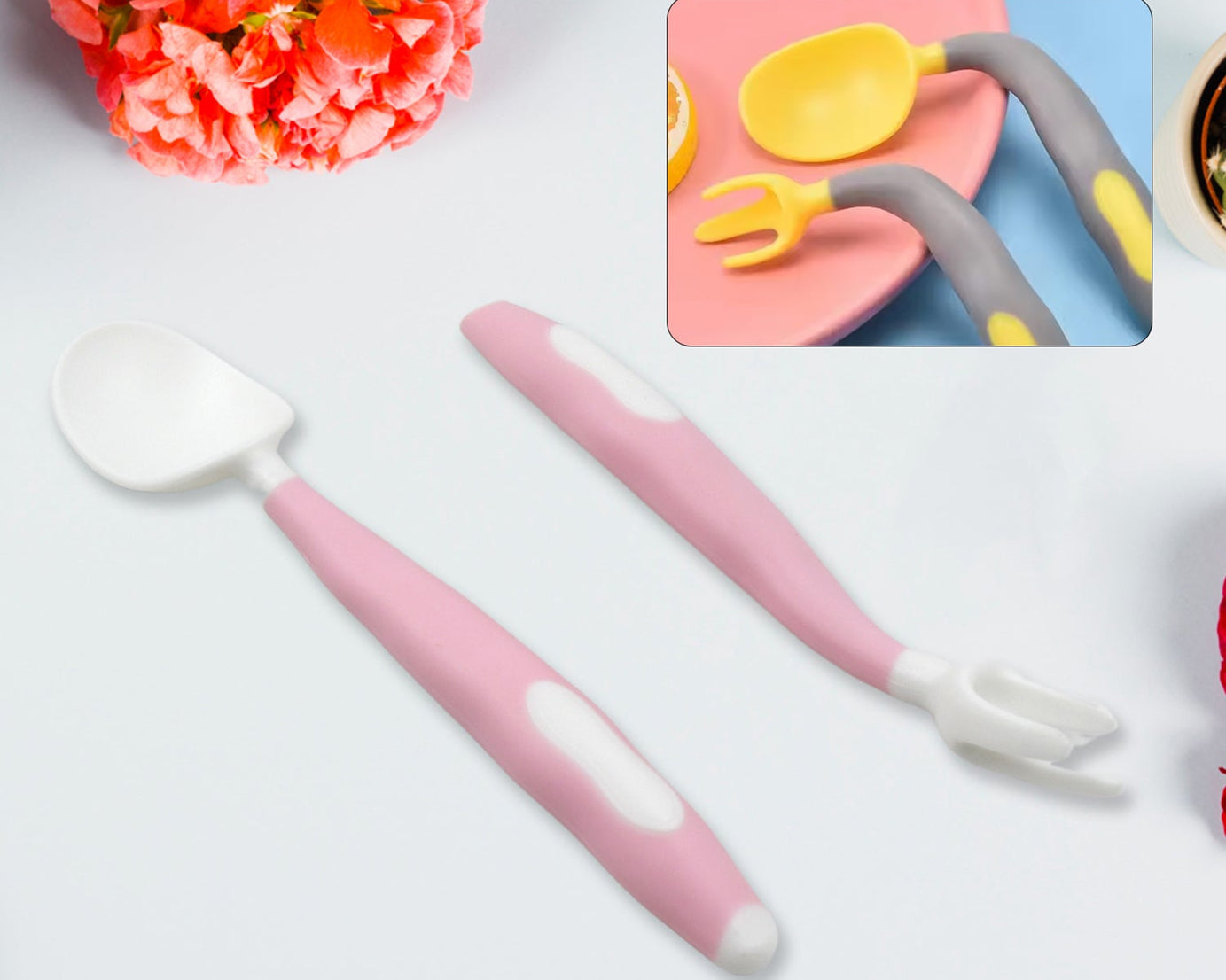 Silicone Bendable Kids Feeding Spoons And Forks, Toddler Utensils with Travel case, Baby Spoon and Fork Set for self-Feeding Learning Bendable Handle for Kid Children Toddlers (2 Pc Set)