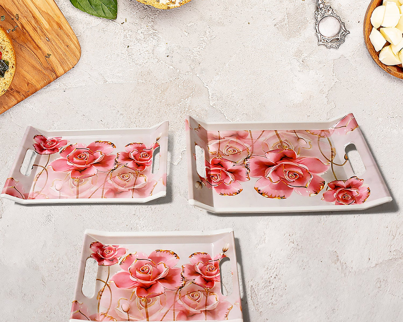 Plastic Rectangular Shape Flower Printed Design Serving Tray 3 pcs Home and Kitchen Use (3 pcs set)
