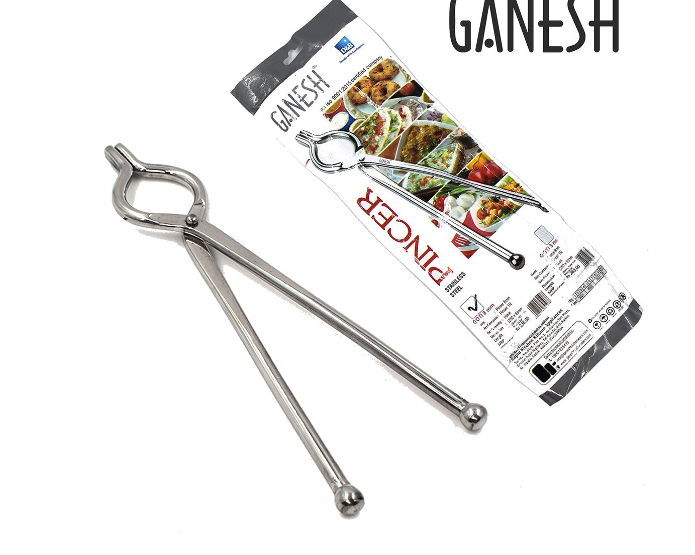 Stainless steel kitchen tongs by Ganesh, 8mm, close-up view.