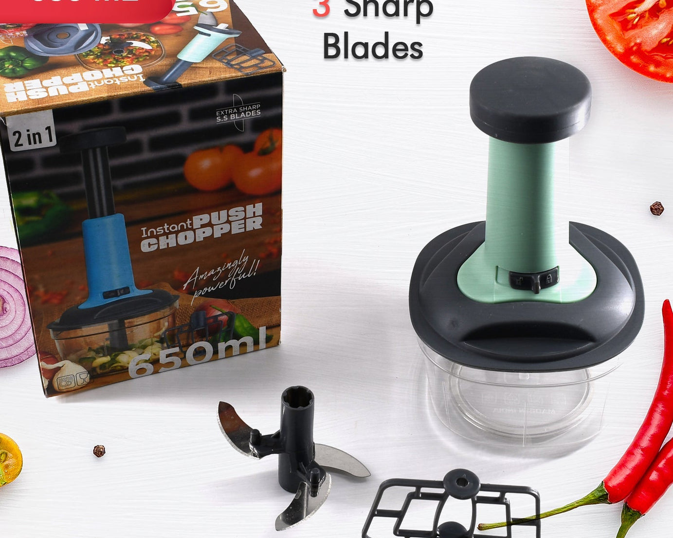 Hand push vegetable chopper, close-up view