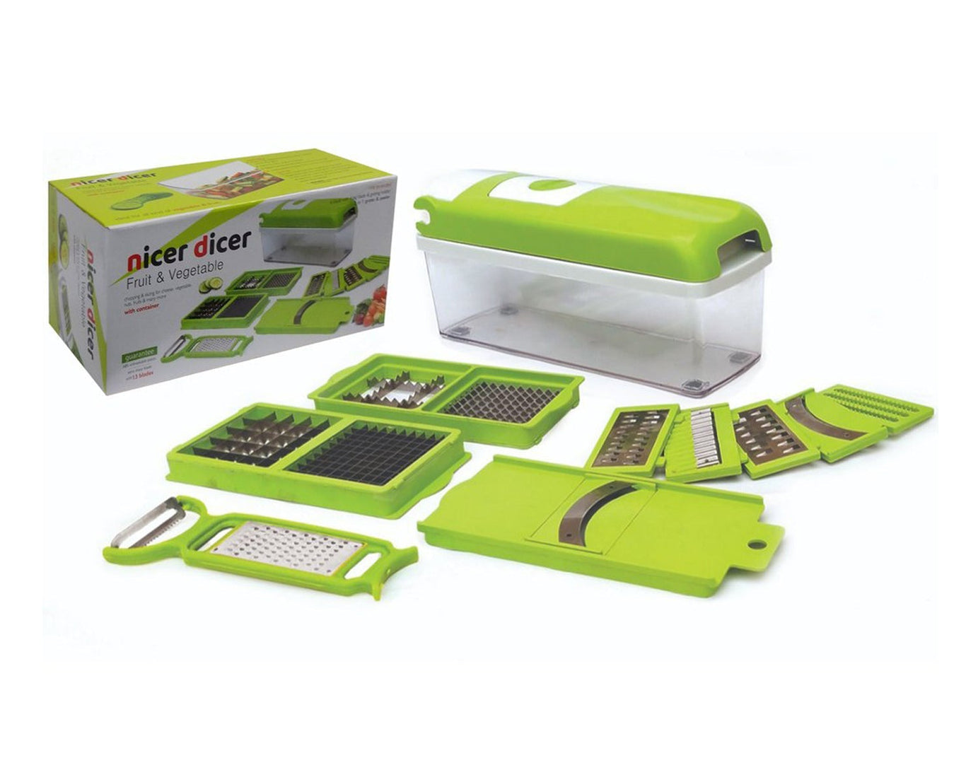 Multi-function plastic grater and chipser with 13 attachments