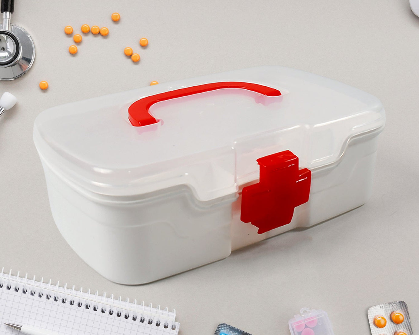 3 Compartment Medical Box, 1 Piece, Indoor Outdoor Medical Utility, Medicine Storage Box, Detachable Tray Medical Box Multi Purpose Regular Medicine, First Aid Box with Handle, Transparent Lid & Color Box 