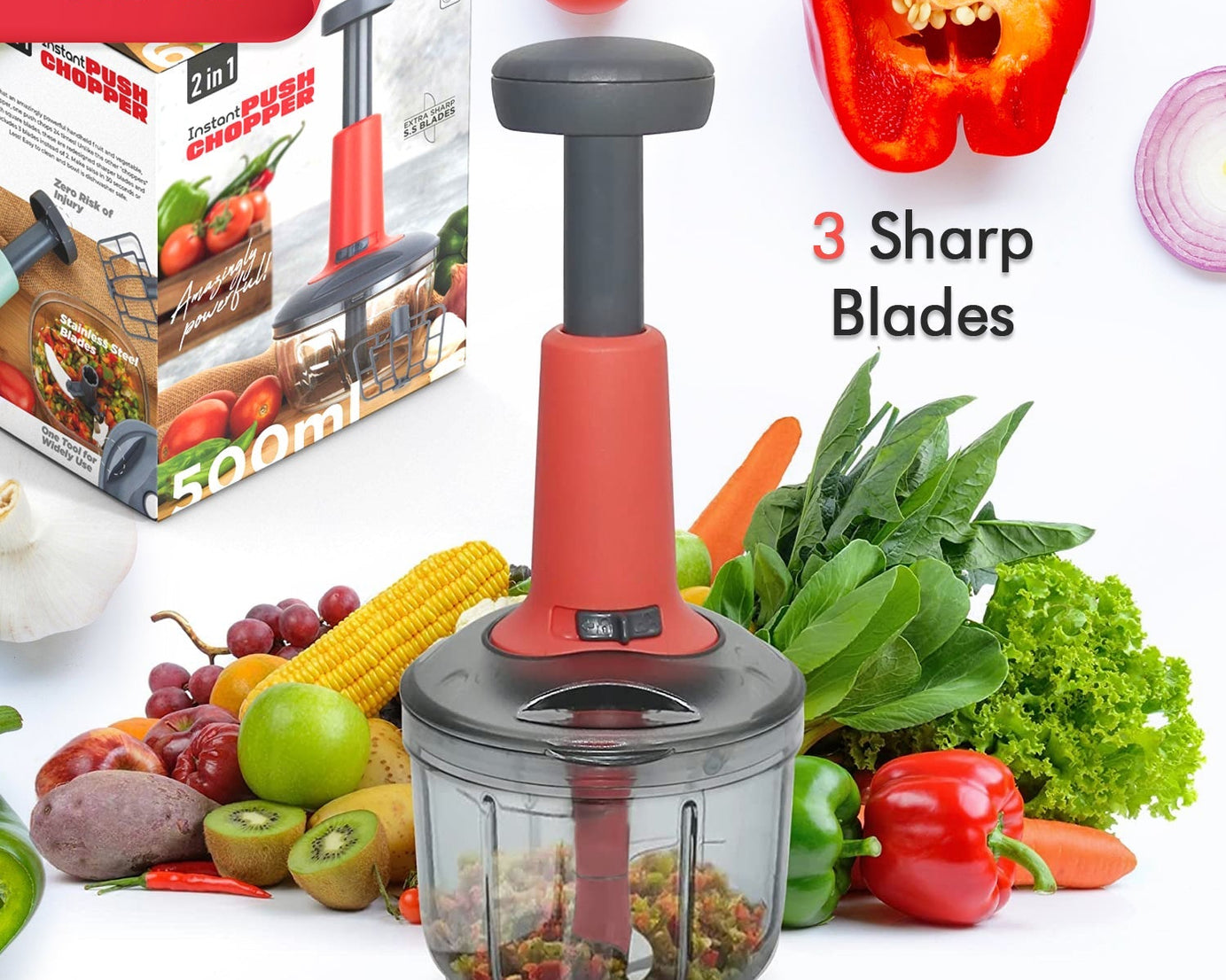 Mini hand press chopper, matte finish, with 3 blades