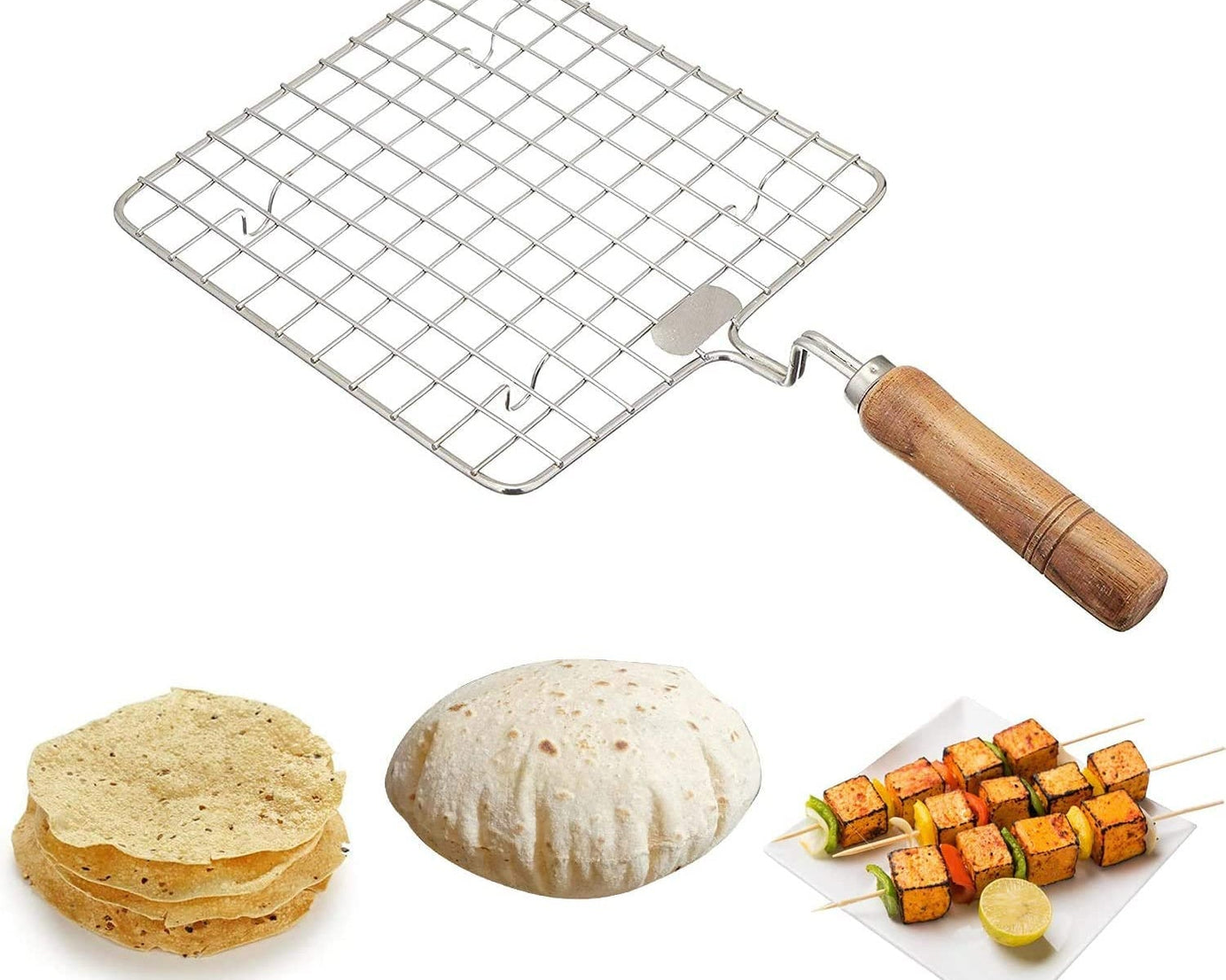 Square stainless steel roaster with wooden handle for grilling.