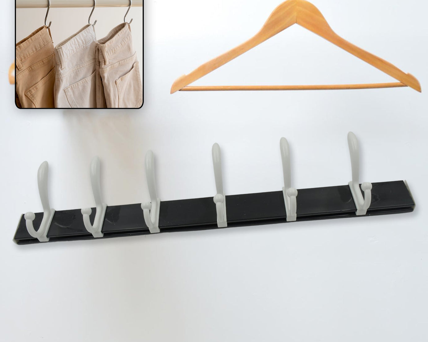 Cloth hanger, Wall Door Hooks Rail for Hanging Clothes for Hanging Hook Rack Rail, Extra Long Coat Hanger Wall Mount for Clothes, Jacket, Hats, 6 Hook With Eco-friendly Liquid Adhesive Glue