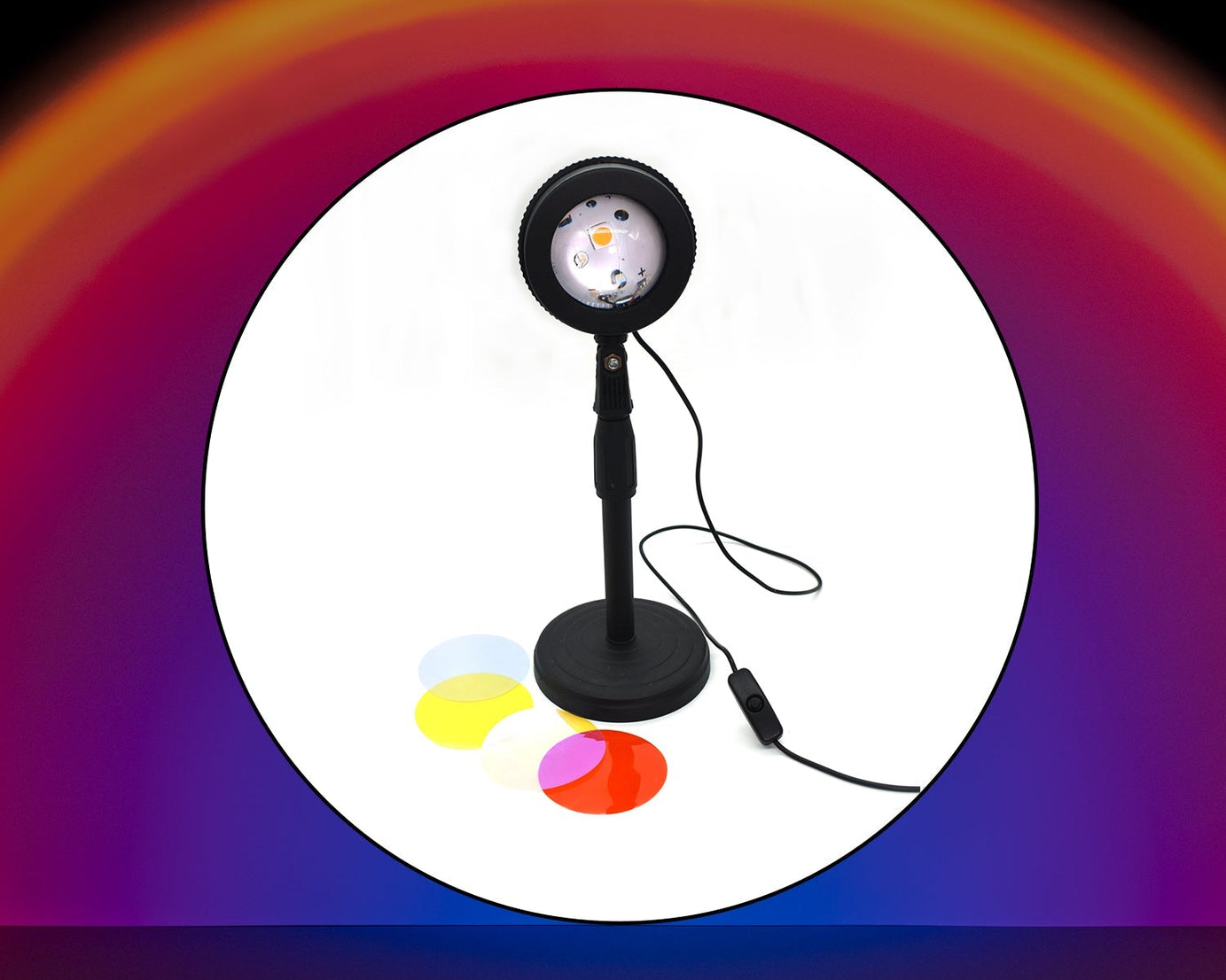 Four colors sunset lamp, LED night light, shown from different perspectives.