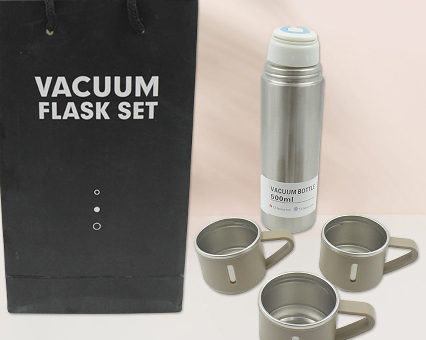 Stainless Steel Vacuum Flask Set with 3 Steel Cups Combo for Coffee Hot Drink and Cold Water Flask Ideal Gifting Travel Friendly Latest Flask Bottle. (500ml)