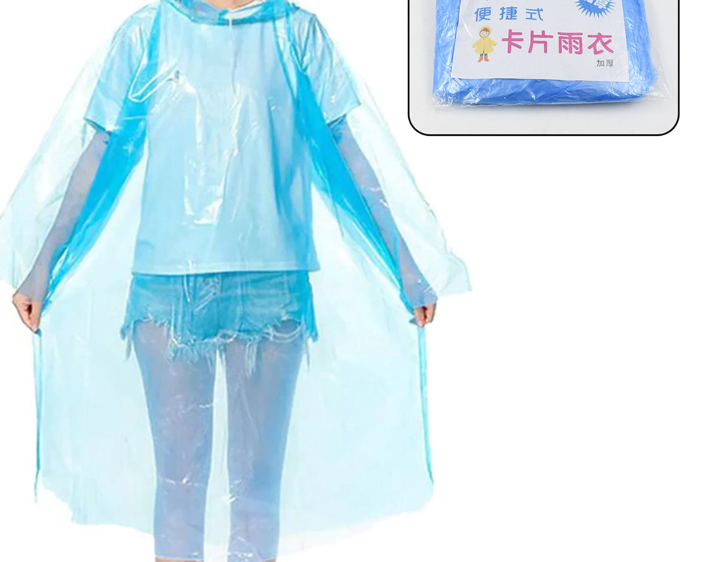 Compact plastic raincoat, pocket-sized and reusable