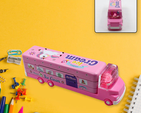 Double Decker Magic Truck Compass Multi Level Metal Truck Compass Pencil Case with Movable Wheels & Sharpener (Mix Design)