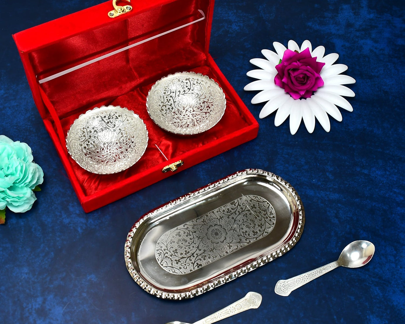 Brass tray set with two bowls and spoons.