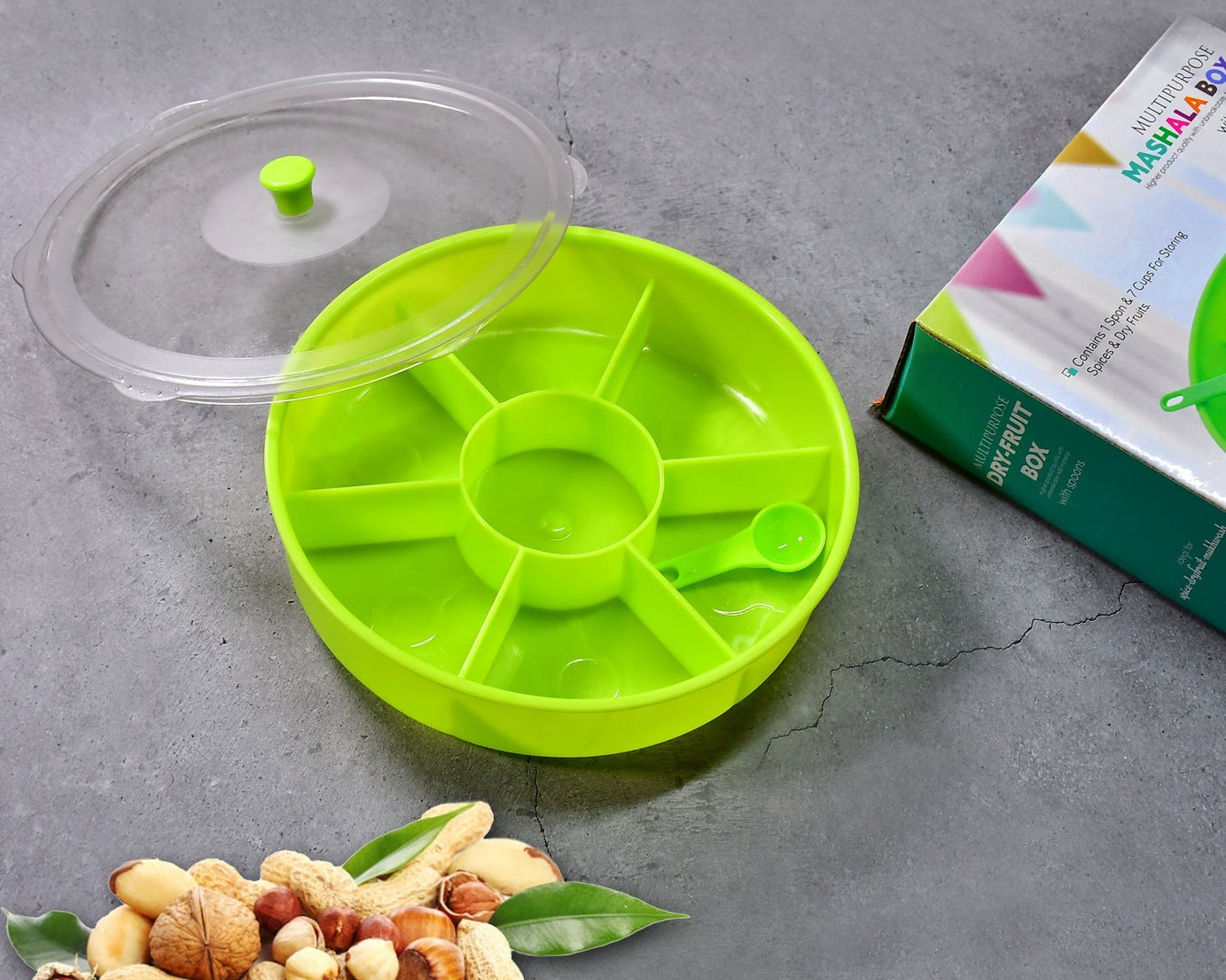 Dry-fruit and masala box with compartments and spoon