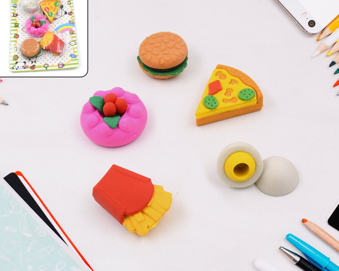 3D Food Shape Fancy & Stylish Colorful Erasers, Mini Eraser Creative Cute Novelty Eraser for Children Eraser Set for Return Gift, Birthday Party, School Prize(5 Pcs Set)