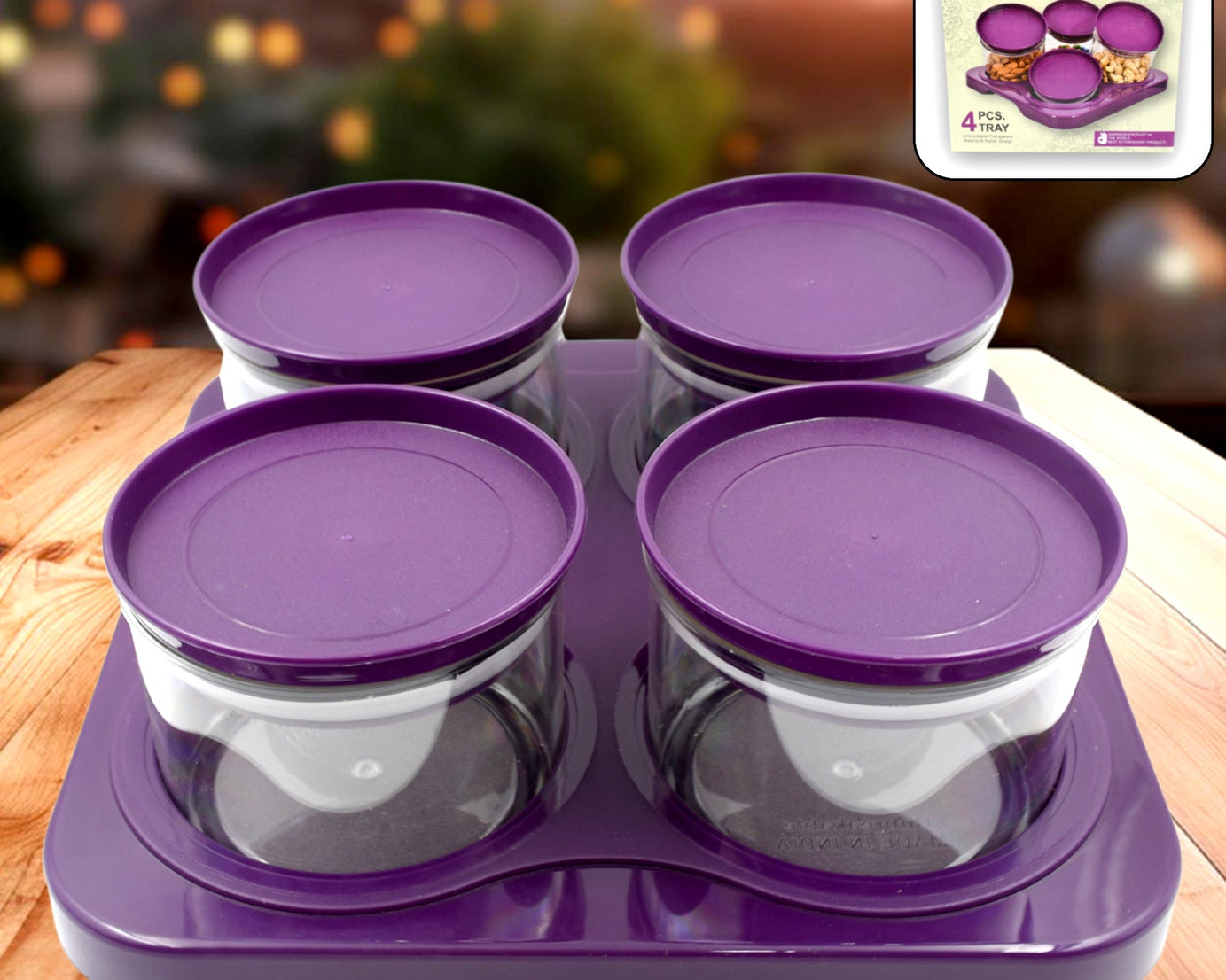 5550 Airtight Plastic 4 Pc Storage Container Set, With Tray Dry Fruit Plastic Storage Container Tray Set With Lid & Serving Tray For Kitchen