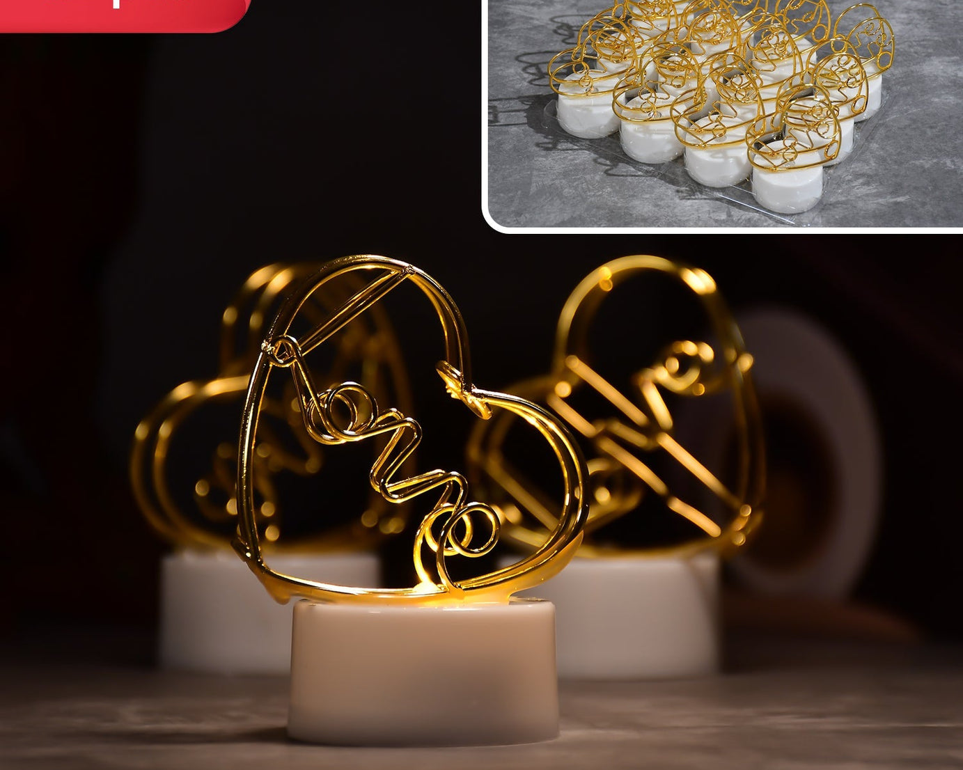 Heart-shaped LED candles for decoration.