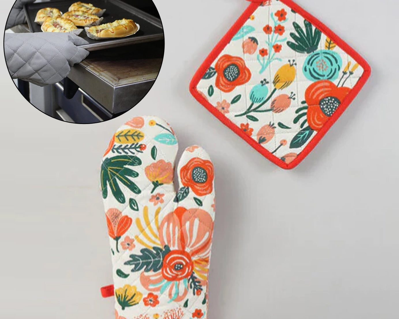 Heat-resistant cotton oven mitts for cooking and baking