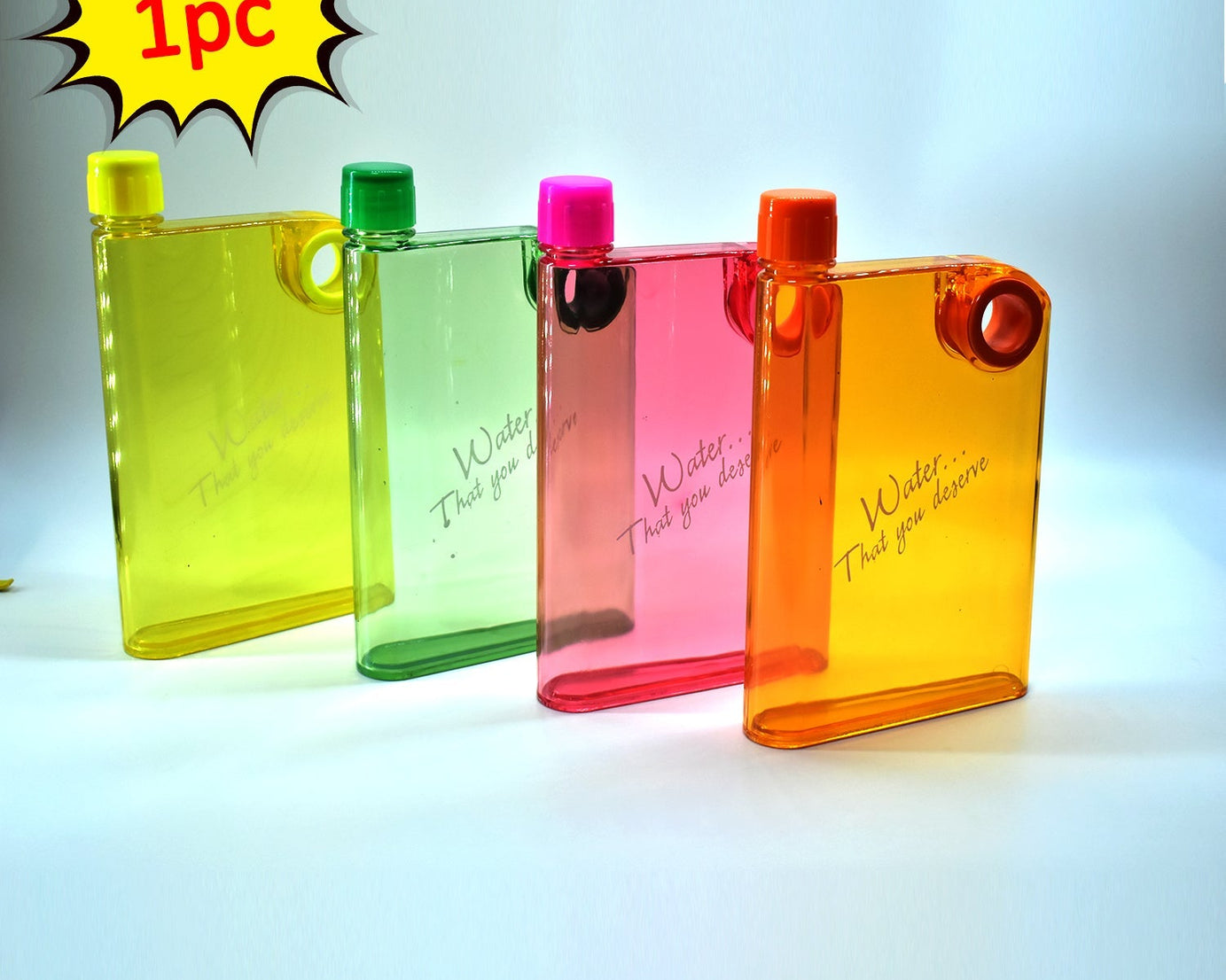 Multicolor water bottle with notebook design.
