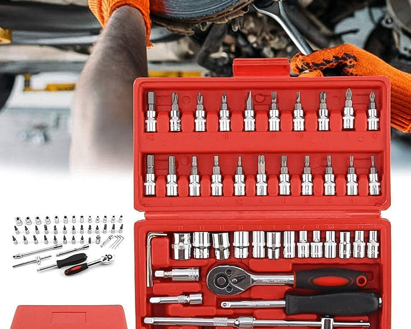 Socket 1 / 4 Inch Combination Repair Tool Kit (Red, 46 pcs)