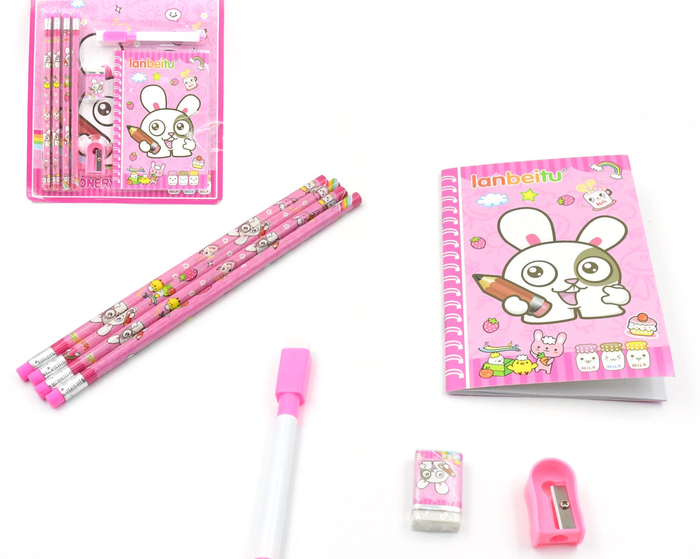 Kids' Stationery Kit: Wooden Pencils, Sharpener, Eraser, Diary (8 Pc Set)