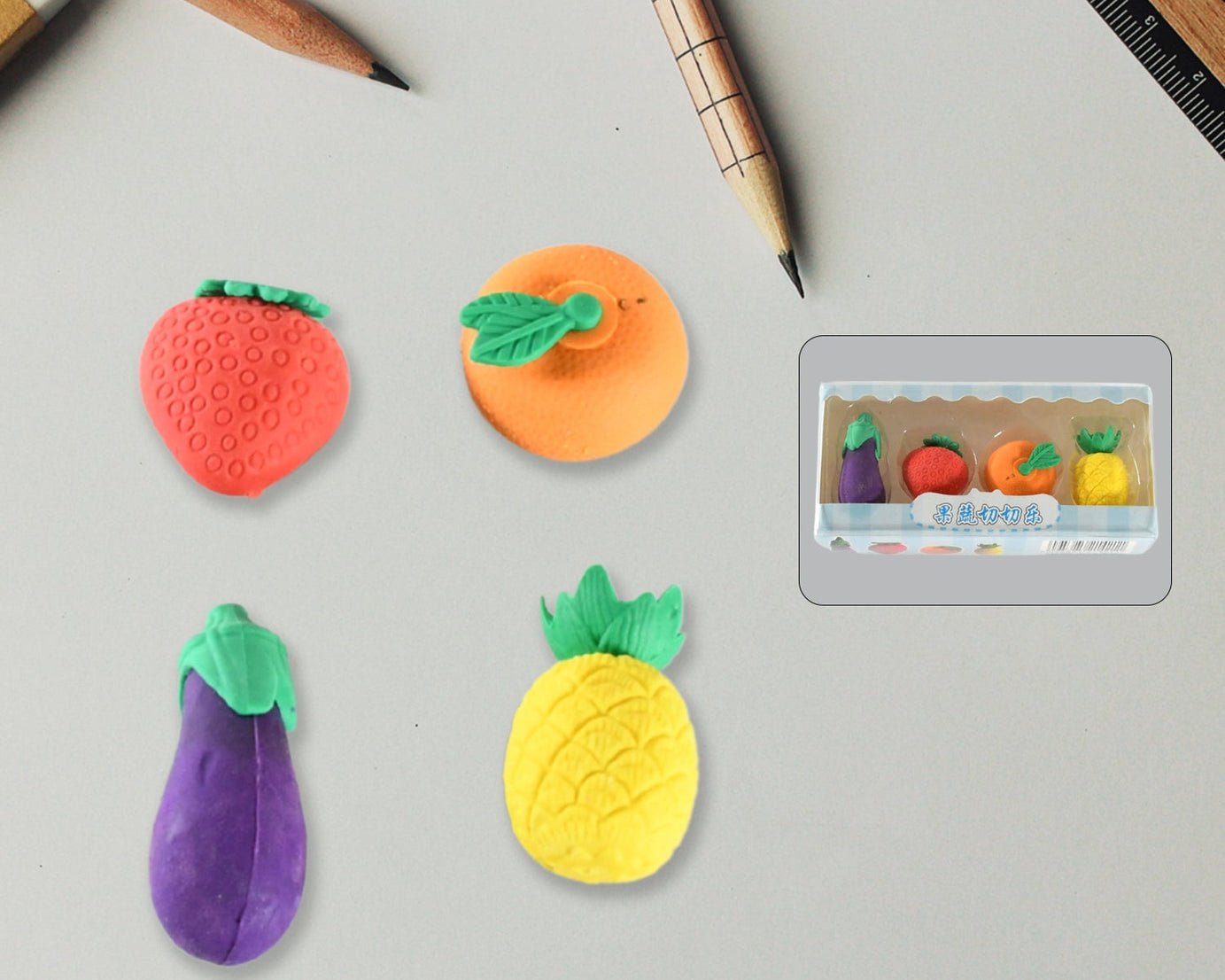 Mini Cute Vegetables and Fruits Erasers or Pencil Rubbers for Kids, 1 Set Fancy & Stylish Colorful Erasers for Children, Eraser Set for Return Gift, Birthday Party, School Prize, 3D Erasers  (4 pc Set)