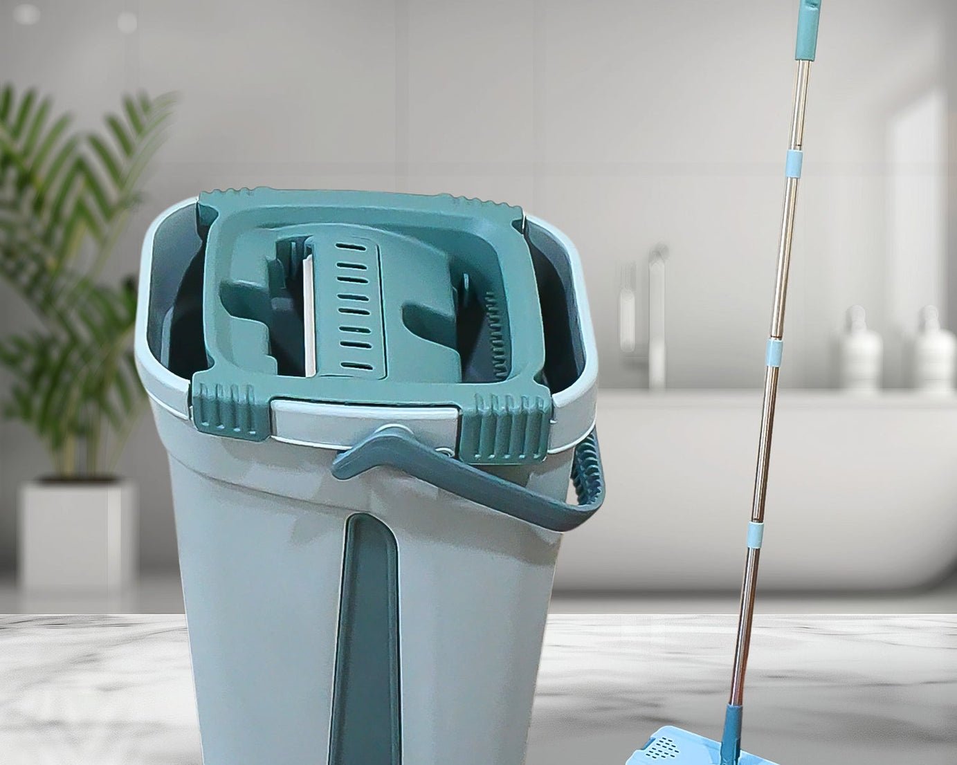 Scratch cleaning mop with self-cleaning feature and hands-free use.