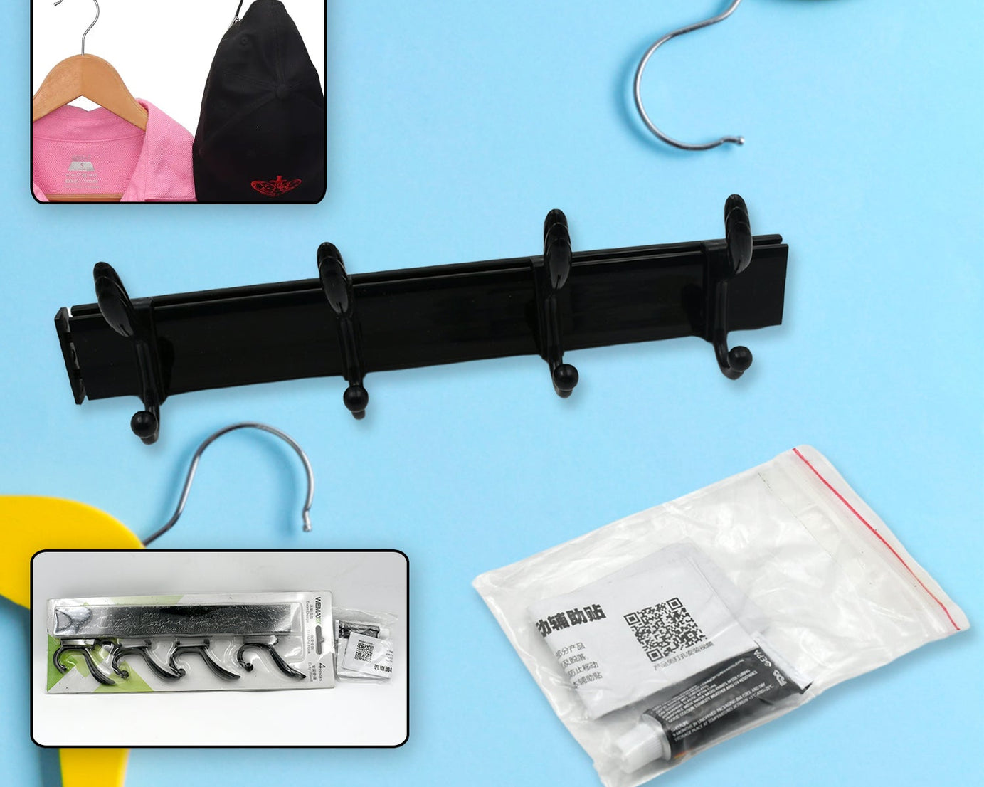 7570 Cloth hanger, Wall Door Hooks Rail for Hanging Clothes for Hanging Hook Rack Rail, Extra Long Coat Hanger Wall Mount for Clothes, Jacket, Hats, 6 Hook With Eco-friendly Liquid Adhesive Glue