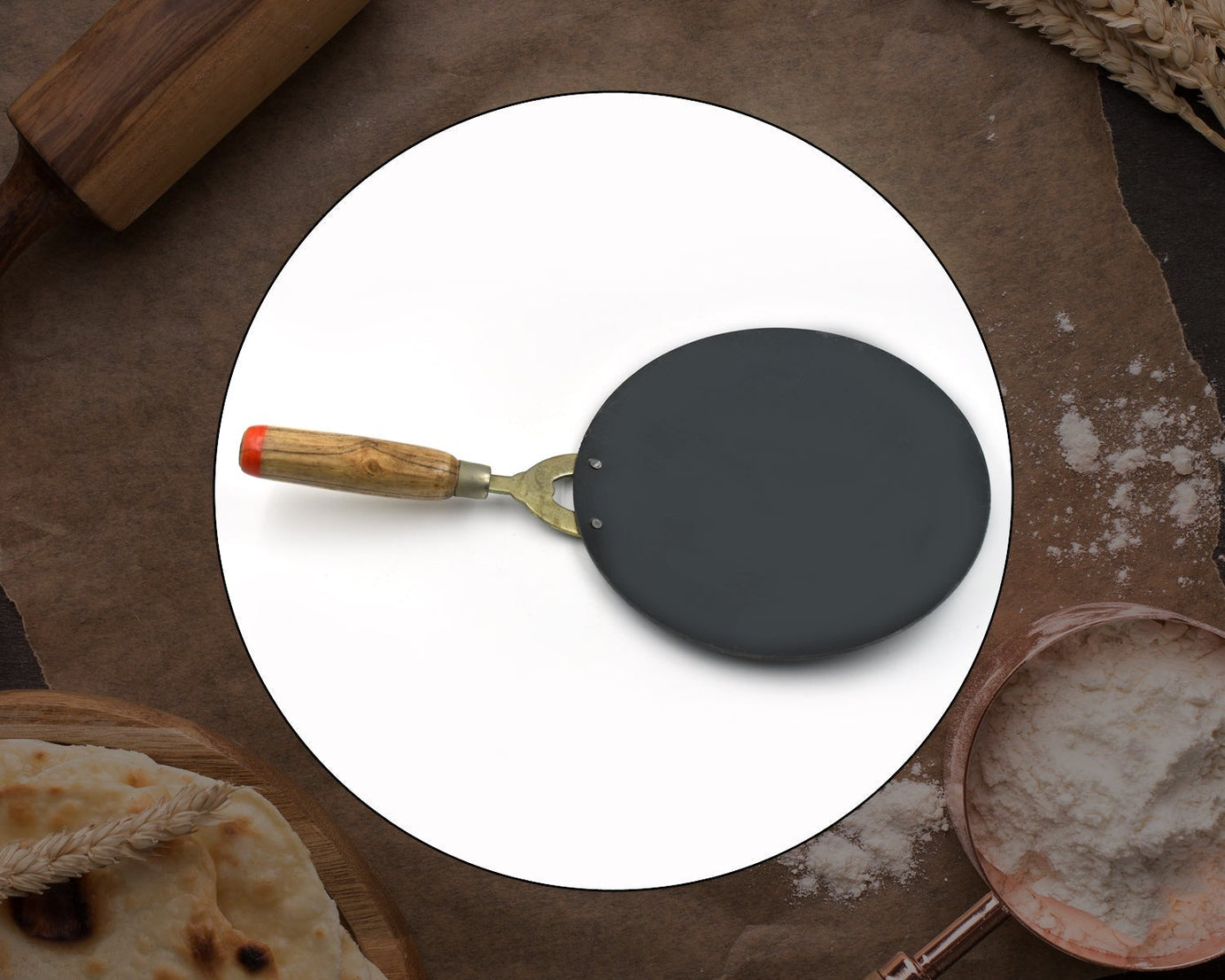 Durable wooden handle tawa for making perfect rotis and parathas in the kitchen.