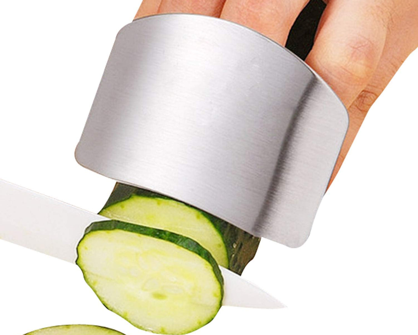 Comfortable stainless steel protector for safe kitchen cutting.