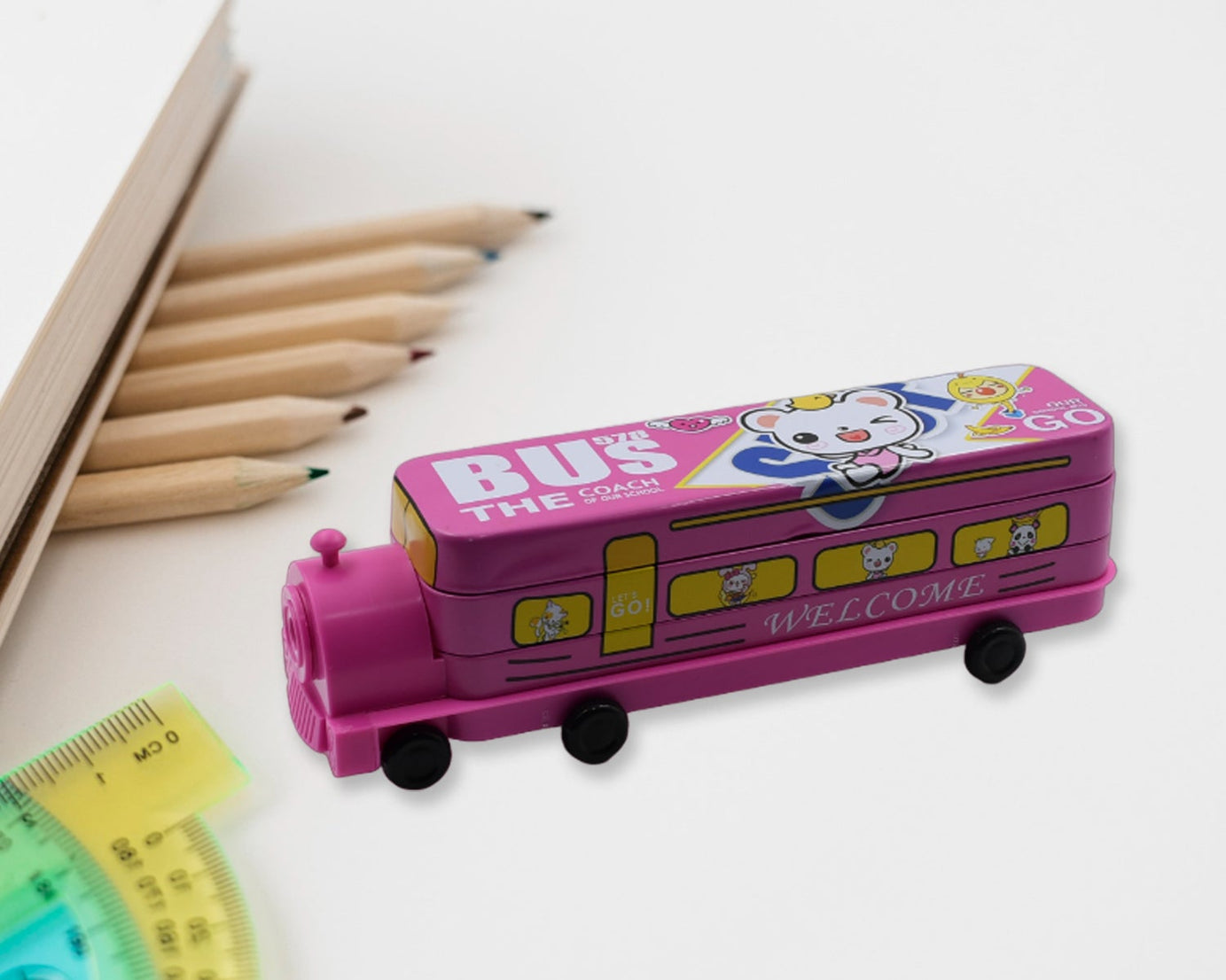 Double Decker Magic Bus Compass 2 Layer Metal Bus Compass Pencil Case with Movable Wheels & Sharpener Bus Shape with Tiers Metal Pencil Box for Kids Birthday Party