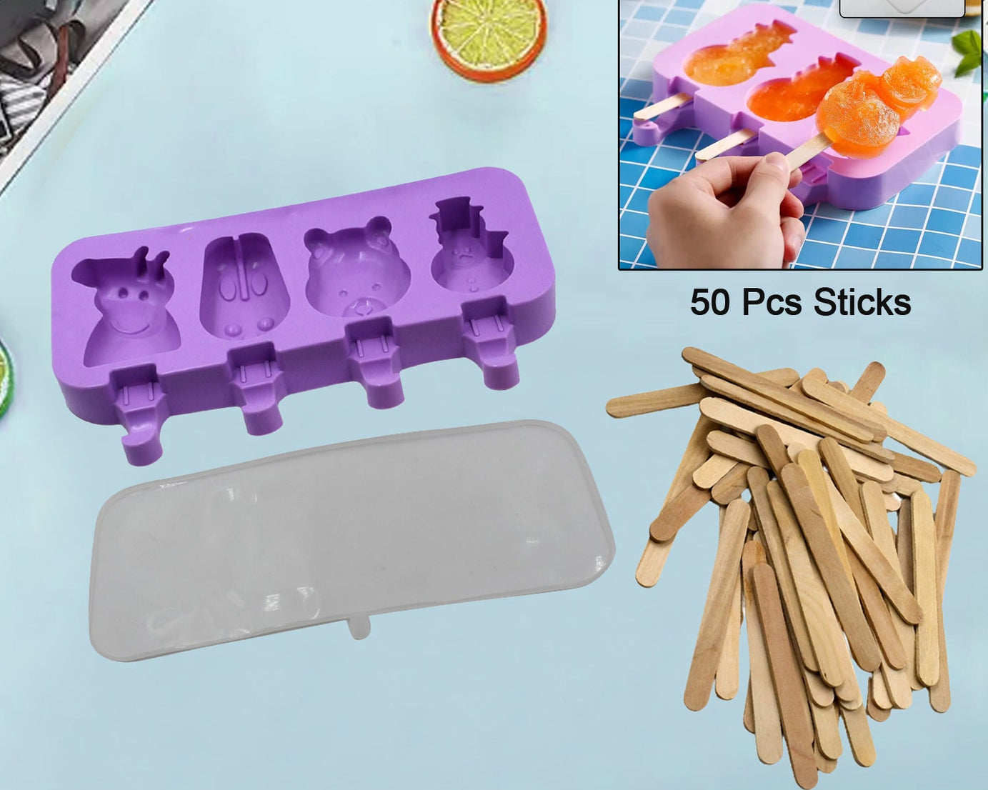5949 Silicone Popsicle Molds Ice Cream Pop Molds 4 Cavities with Lids 50 Pack Sticks for Kids Ice cube Maker Easy Release
