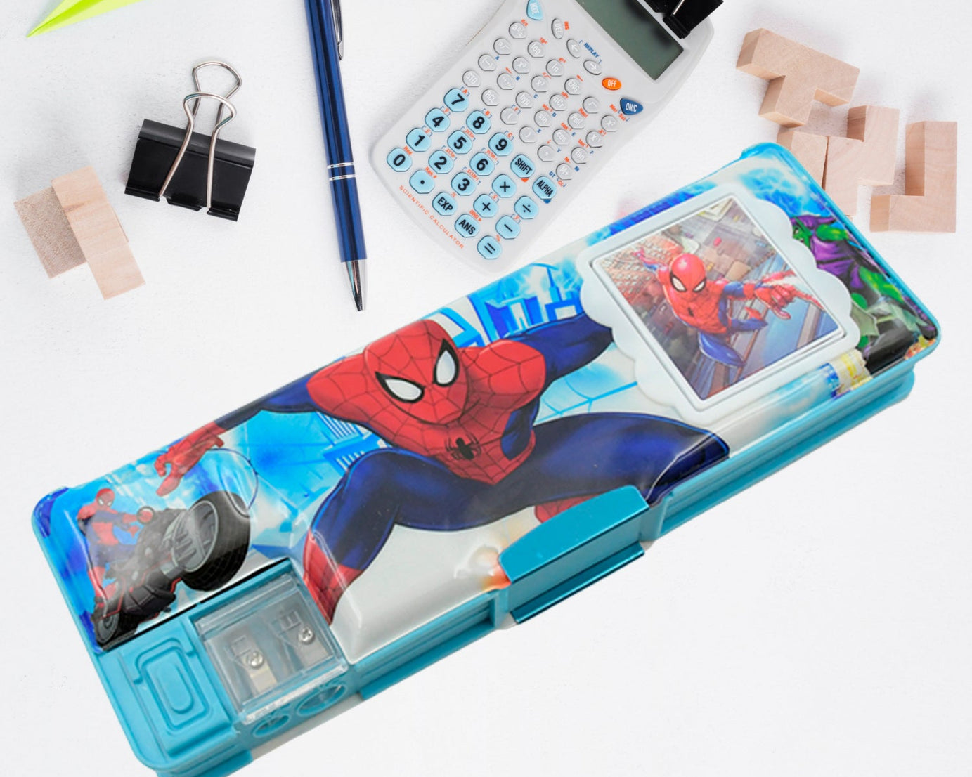4260 Art & Stationery Cartoon Multi-functional Geometry Box for Boys with Inbuilt Calculator, 2 Sides Open and Double Sharpener Stationery Kit Pencil Box for Boys Art Plastic Pencil Box  for Girls and Boys