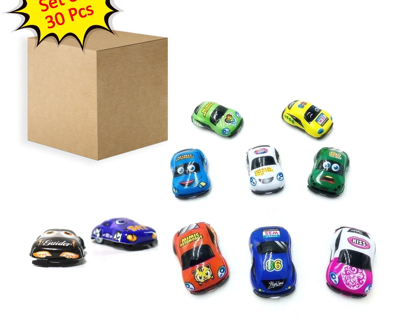 Collection of mini pull back cars, ideal for children and play activities.