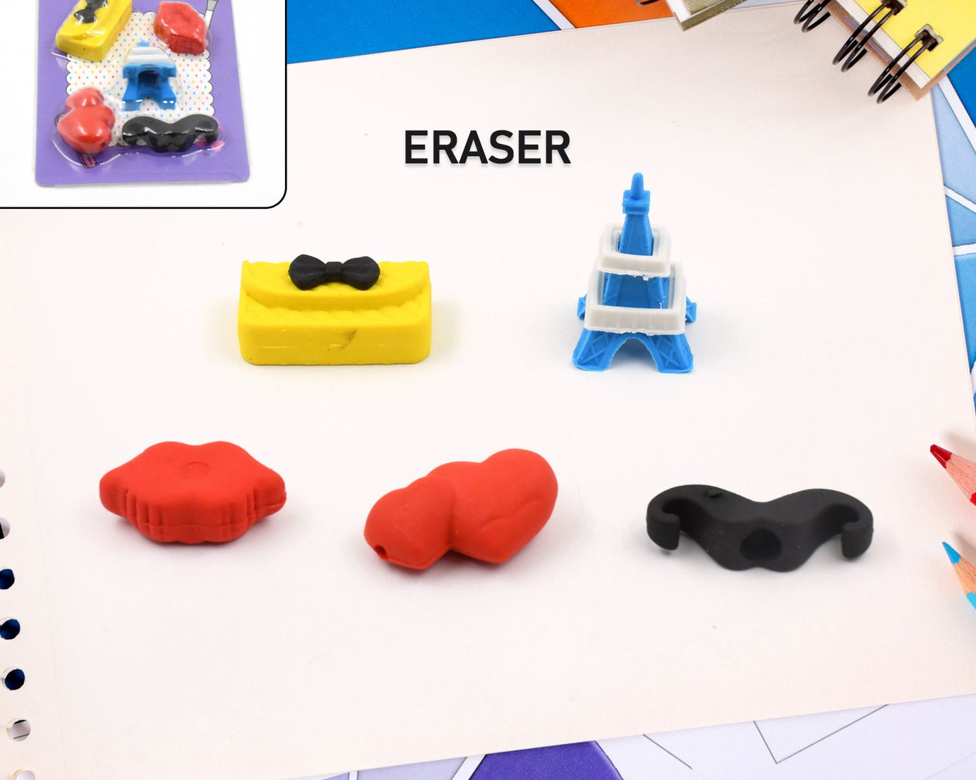 Mix Design 1 Set Fancy & Stylish Colorful Erasers for Children Different Designs & Mix, Eraser Set for Return Gift, Birthday Party, School Prize (1 Set)