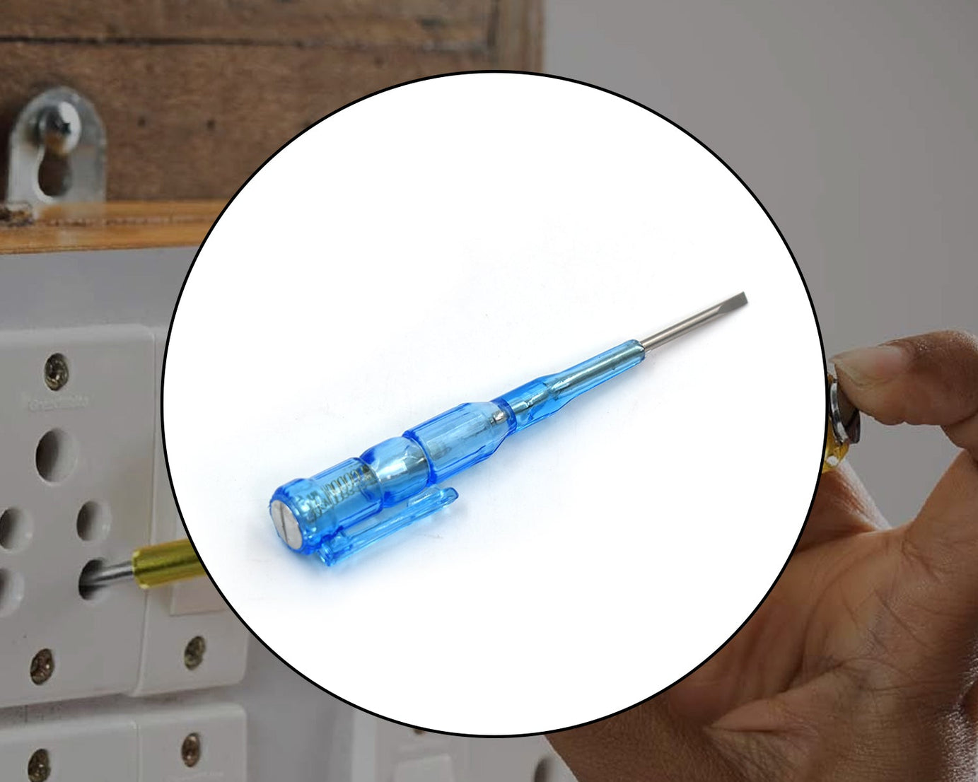 Screwdriver with metal tester for electrical diagnostics.