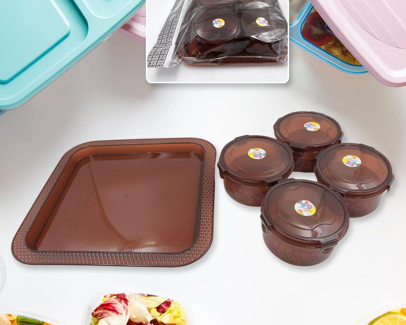 3646 Elegance Tray, Plastic Airtight 4 Pieces Storage Container and 1 Piece Serving Tray with Lids