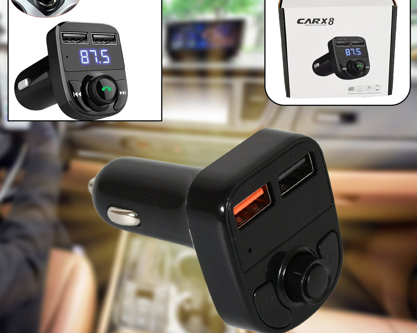 CAR-X8 Bluetooth FM Transmitter Kit for Hands-Free Call Receiver / Music Player / Call Receiver / Fast Mobile Charger Ports for All Smartphones with 3.1A Quick Charge Dual USB Car Charger