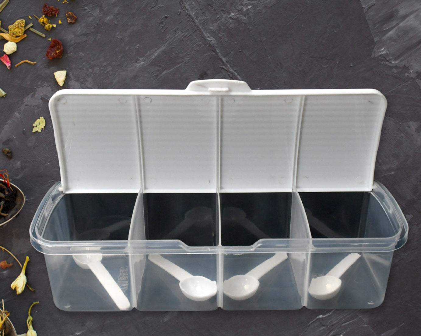 Kitchen Multipurpose Air-tight 4 Sections Storage Containers / Masala Box Pickle (Achar) Jar with 4 spoon for each section (1 Pc / Mix Color)