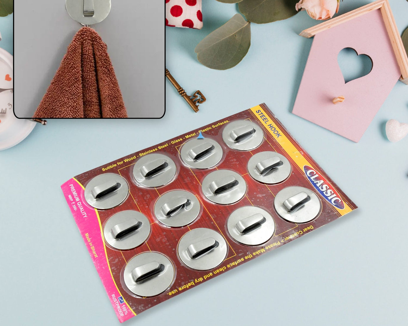 Self-Adhesive Wall Hooks (12 Pcs): Steel, Multipurpose for Home